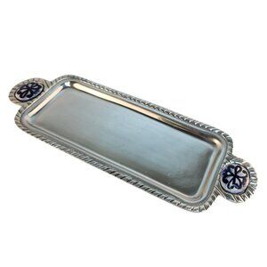 Decorative Aluminum Serving Tray With Hand-Painted Ceramic Talavar Handle Accent